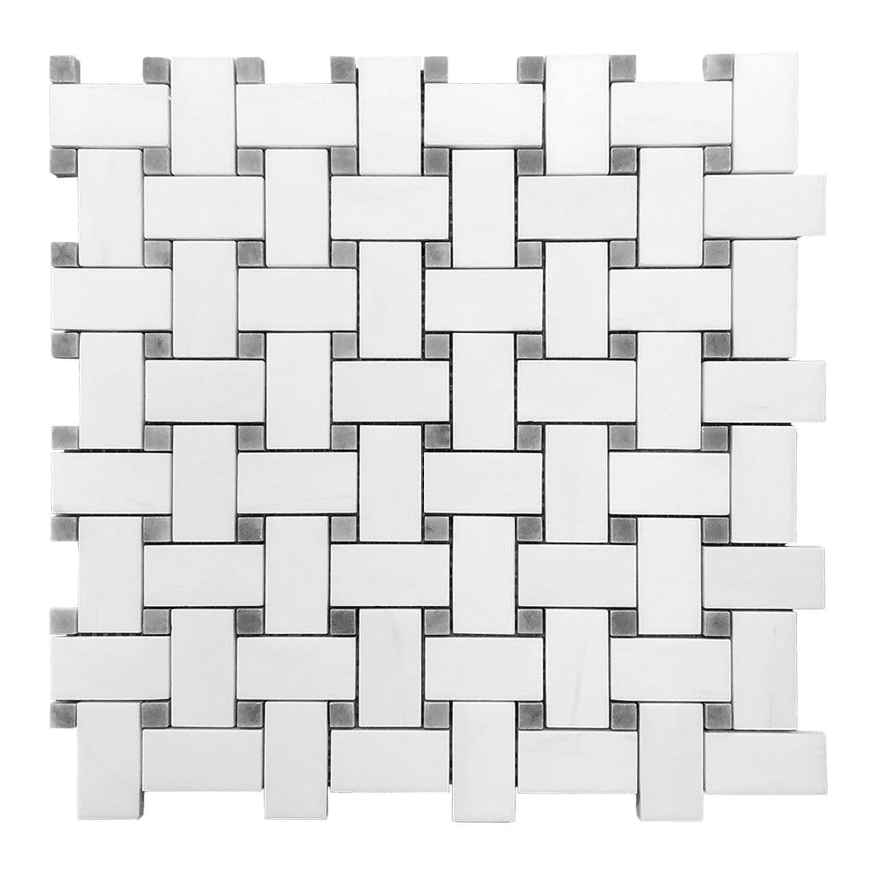 Bianco Dolomite Honed Basketweave Mosaic Tile w/ Blue-Gray Dots Bianco Dolomite Honed Basketweave Mosaic Tile w/ Blue-Gray Dots - American Tile Depot