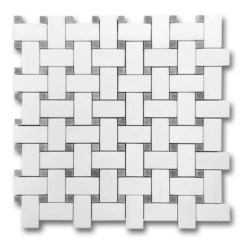 Bianco Dolomite Honed Basketweave Mosaic Tile w/ Blue-Gray Dots Bianco Dolomite Honed Basketweave Mosaic Tile w/ Blue-Gray Dots - American Tile Depot