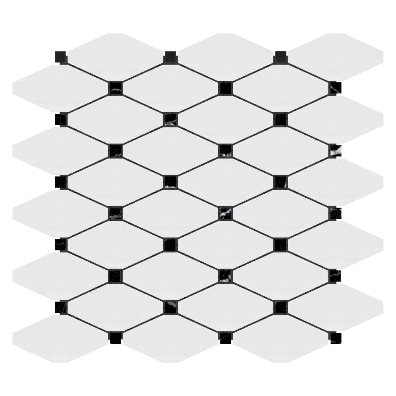 Bianco Dolomite Honed Long Octave Mosaic Tile w/ Black Dots Bianco Dolomite Honed Long Octave Mosaic Tile w/ Black Dots - American Tile Depot