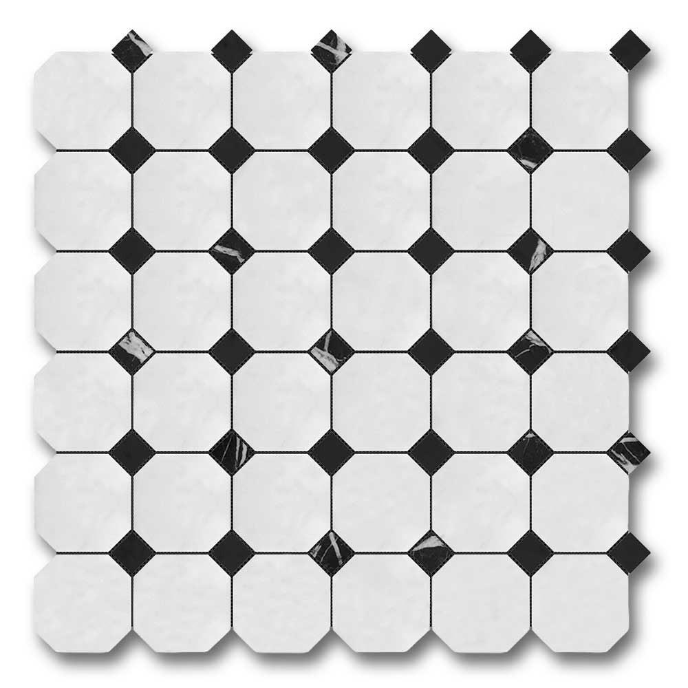 Bianco Dolomite Honed Octagon Mosaic Tile w/ Black Dots Bianco Dolomite Honed Octagon Mosaic Tile w/ Black Dots - American Tile Depot