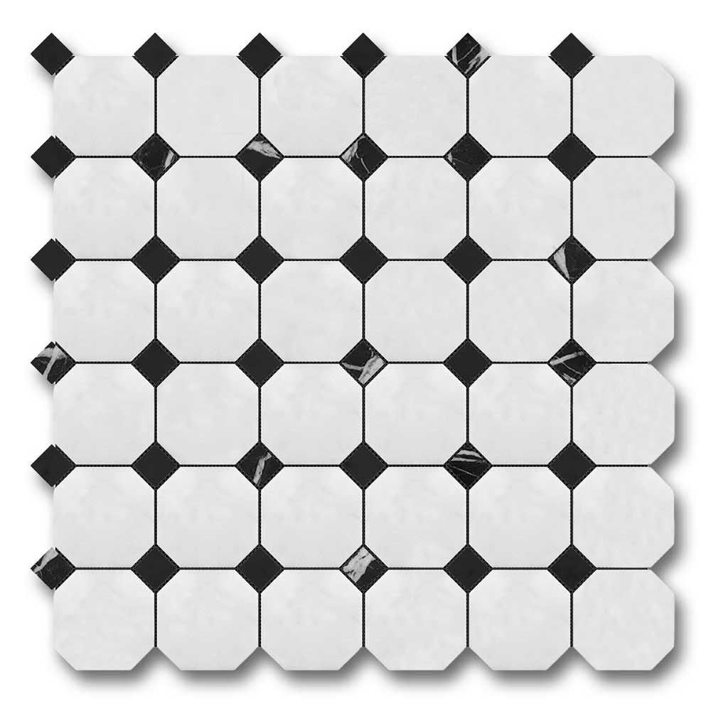 Bianco Dolomite Honed Octagon Mosaic Tile w/ Black Dots Bianco Dolomite Honed Octagon Mosaic Tile w/ Black Dots - American Tile Depot