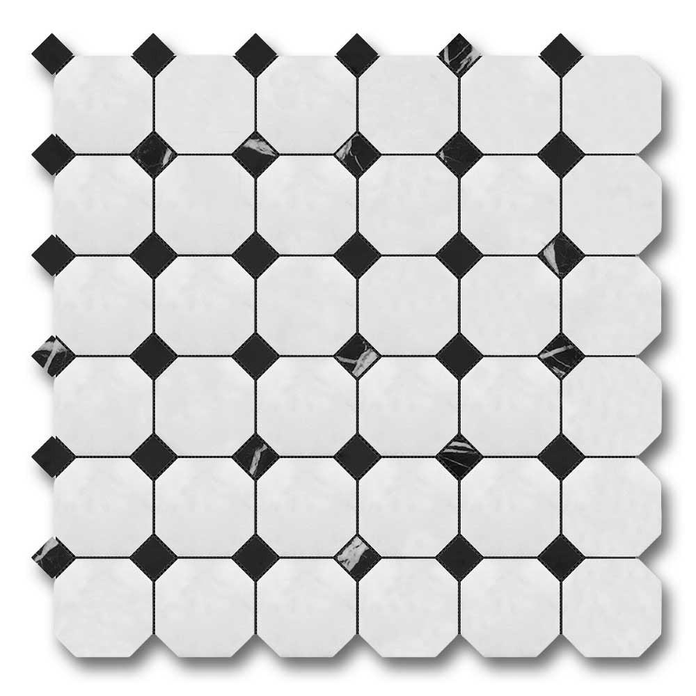 Bianco Dolomite Honed Octagon Mosaic Tile w/ Black Dots Bianco Dolomite Honed Octagon Mosaic Tile w/ Black Dots - American Tile Depot