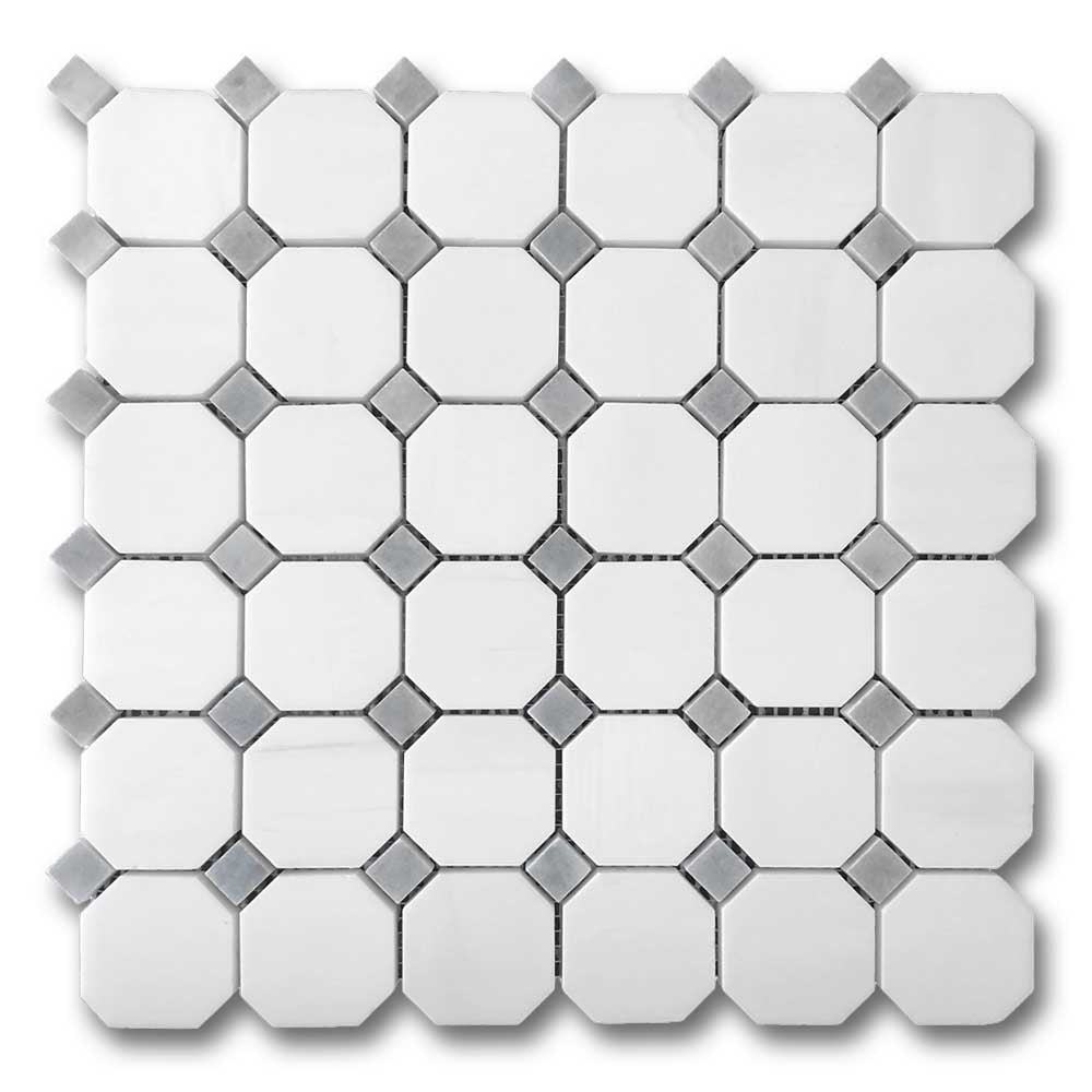Bianco Dolomite Honed Octagon Mosaic Tile w/ Blue-Gray Dots