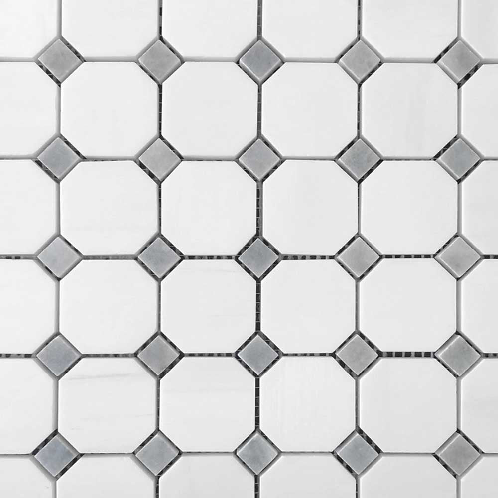 Bianco Dolomite Honed Octagon Mosaic Tile w/ Blue-Gray Dots