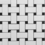Bianco Dolomite Polished Basketweave Mosaic Tile w/ Black Dots Bianco Dolomite Polished Basketweave Mosaic Tile w/ Black Dots - American Tile Depot