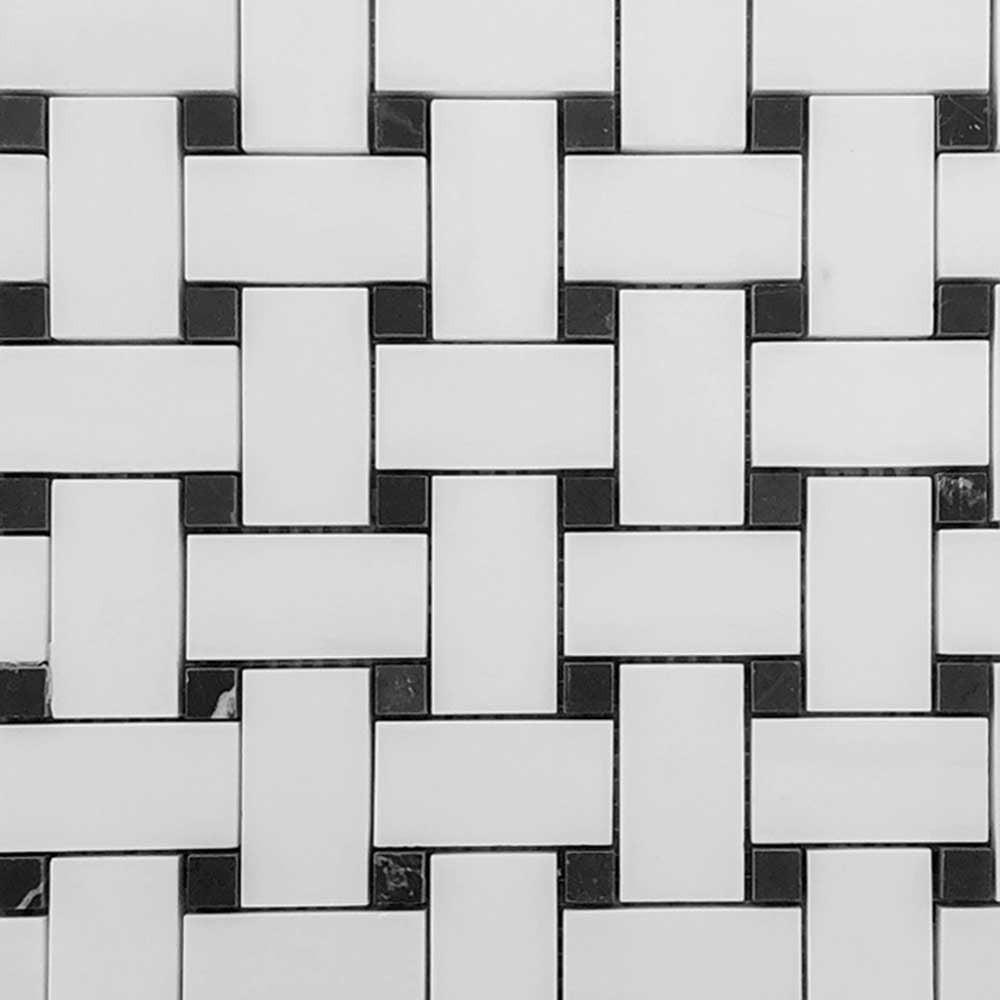 Bianco Dolomite Polished Basketweave Mosaic Tile w/ Black Dots Bianco Dolomite Polished Basketweave Mosaic Tile w/ Black Dots - American Tile Depot