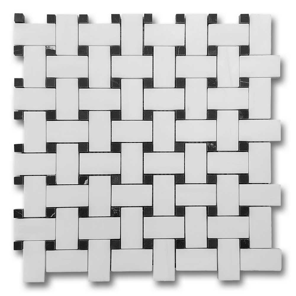 Bianco Dolomite Polished Basketweave Mosaic Tile w/ Black Dots Bianco Dolomite Polished Basketweave Mosaic Tile w/ Black Dots - American Tile Depot