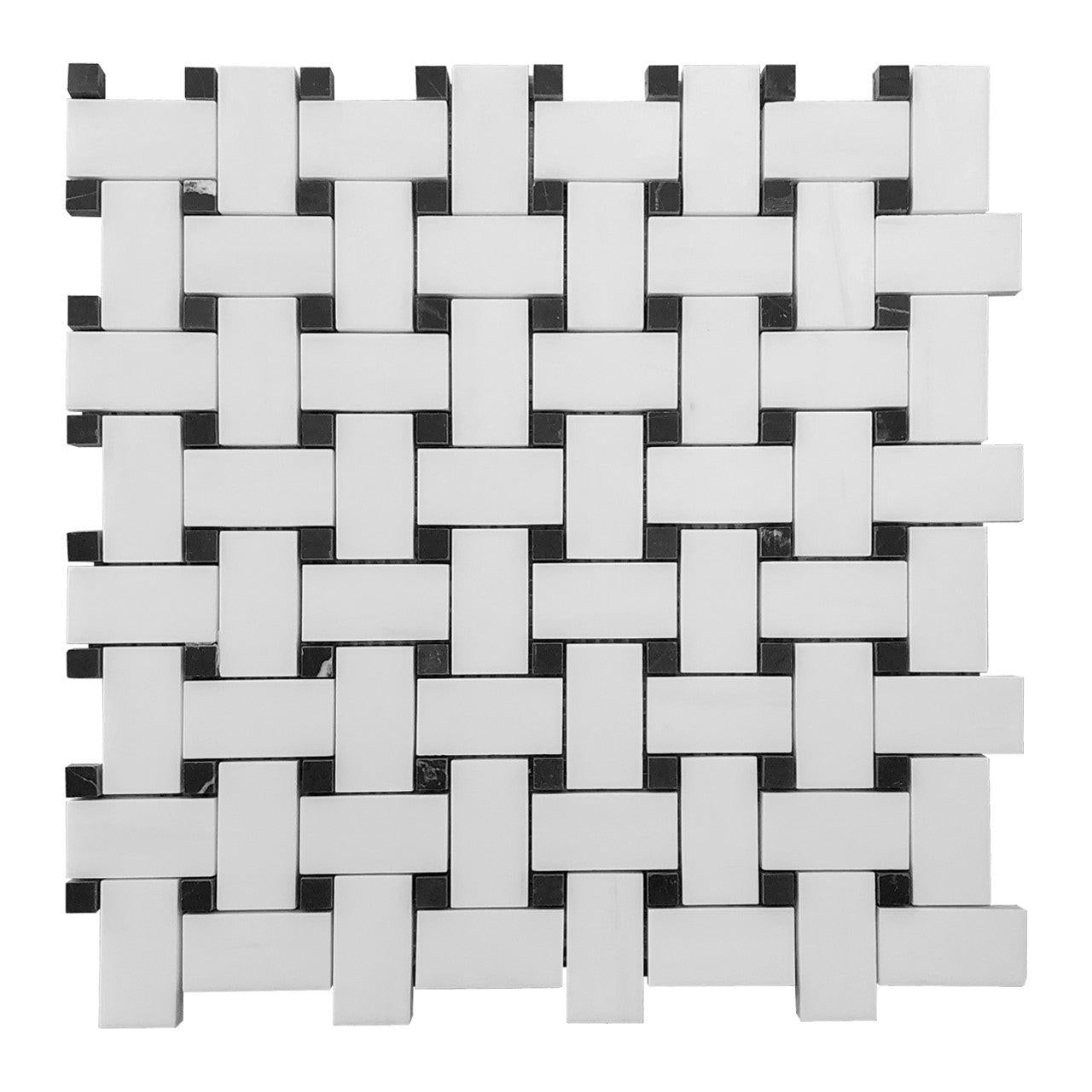 Bianco Dolomite Polished Basketweave Mosaic Tile w/ Black Dots Bianco Dolomite Polished Basketweave Mosaic Tile w/ Black Dots - American Tile Depot
