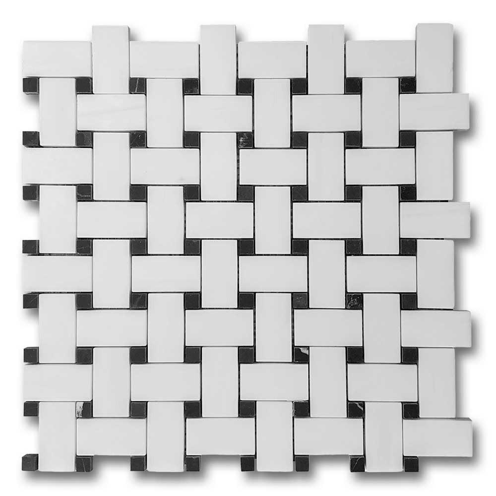 Bianco Dolomite Polished Basketweave Mosaic Tile w/ Black Dots Bianco Dolomite Polished Basketweave Mosaic Tile w/ Black Dots - American Tile Depot