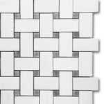 Bianco Dolomite Polished Basketweave Mosaic Tile w/ Blue-Gray Dots Bianco Dolomite Polished Basketweave Mosaic Tile w/ Blue-Gray Dots - American Tile Depot