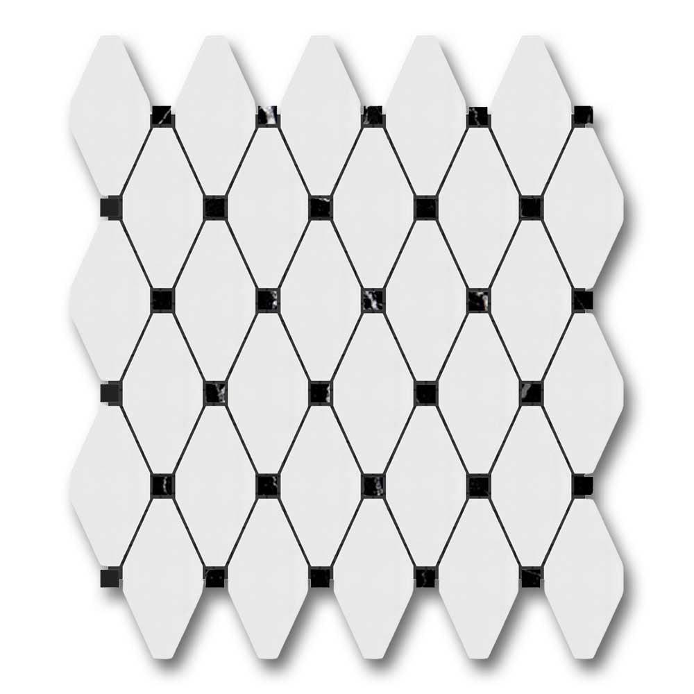 Bianco Dolomite Polished Long Octave Mosaic Tile w/ Black Dots Bianco Dolomite Polished Long Octave Mosaic Tile w/ Black Dots - American Tile Depot