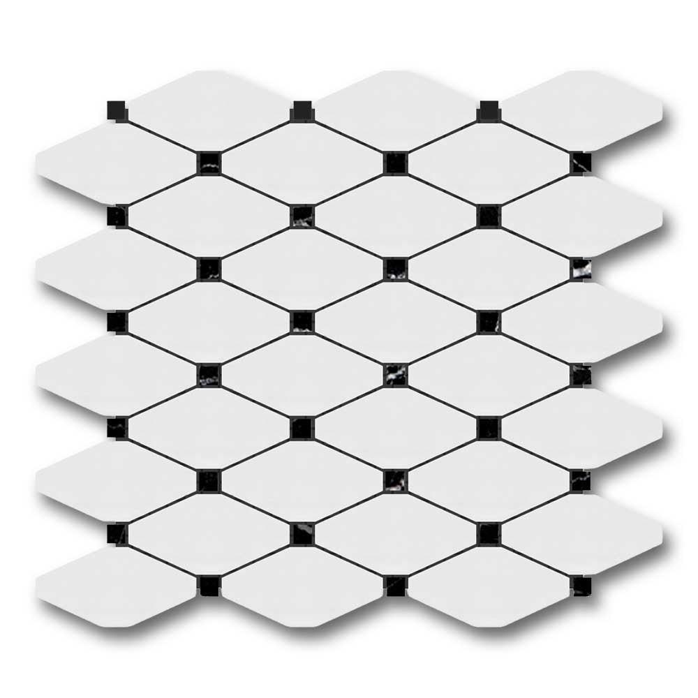 Bianco Dolomite Polished Long Octave Mosaic Tile w/ Black Dots Bianco Dolomite Polished Long Octave Mosaic Tile w/ Black Dots - American Tile Depot