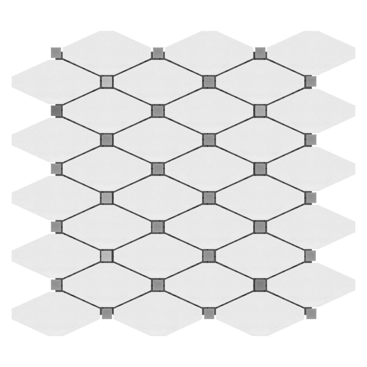 Bianco Dolomite Polished Long Octave Mosaic Tile w/ Blue-Gray Dots Bianco Dolomite Polished Long Octave Mosaic Tile w/ Blue-Gray Dots - American Tile Depot
