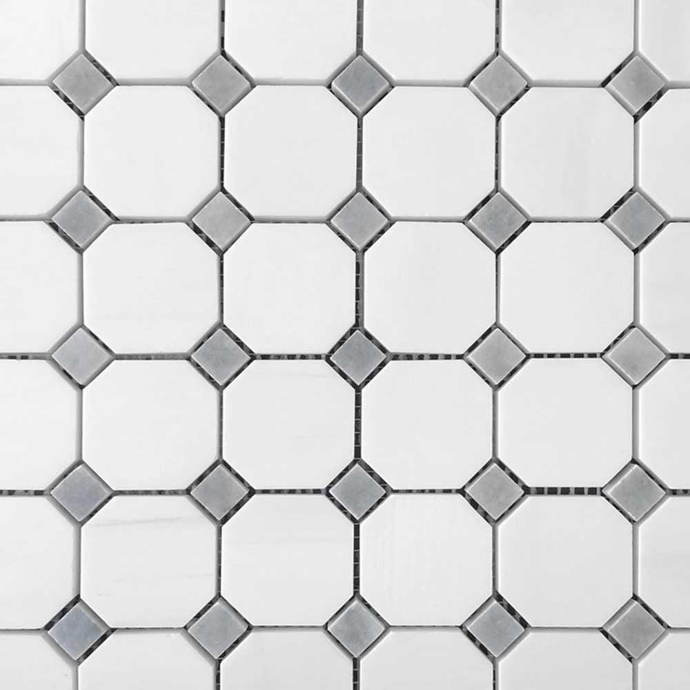 Bianco Dolomite Polished Octagon Mosaic Tile w/ Blue-Gray Dots Bianco Dolomite Polished Octagon Mosaic Tile w/ Blue-Gray Dots - American Tile Depot