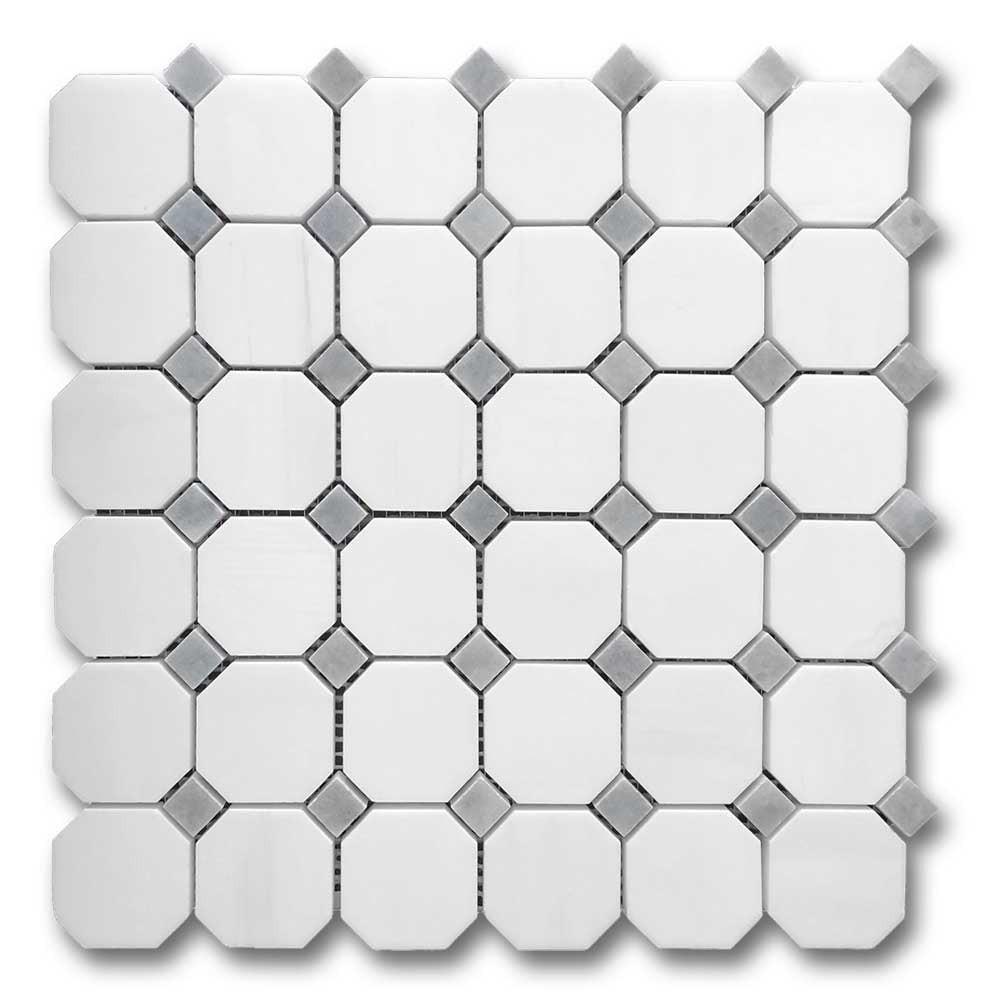 Bianco Dolomite Polished Octagon Mosaic Tile w/ Blue-Gray Dots Bianco Dolomite Polished Octagon Mosaic Tile w/ Blue-Gray Dots - American Tile Depot