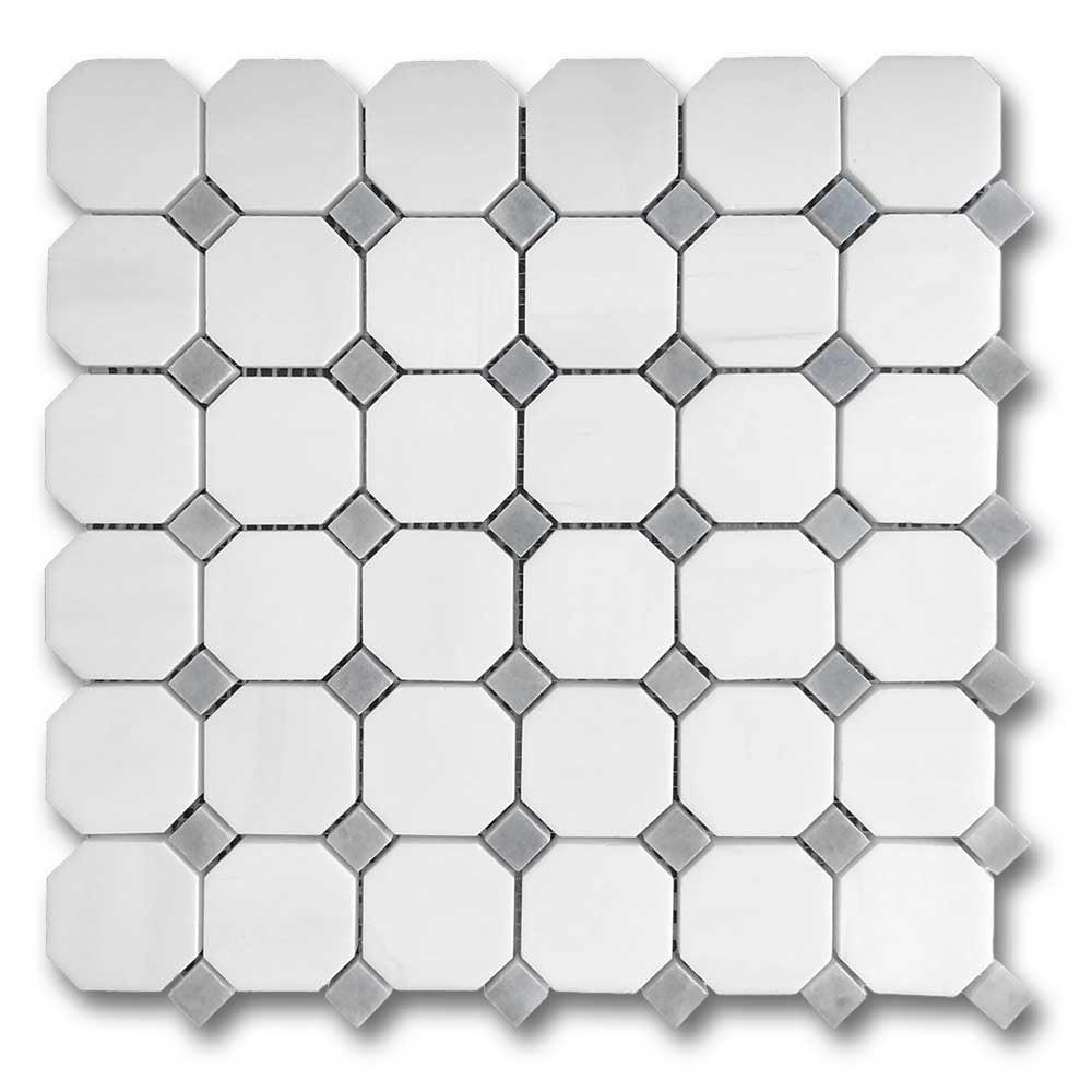 Bianco Dolomite Polished Octagon Mosaic Tile w/ Blue-Gray Dots Bianco Dolomite Polished Octagon Mosaic Tile w/ Blue-Gray Dots - American Tile Depot