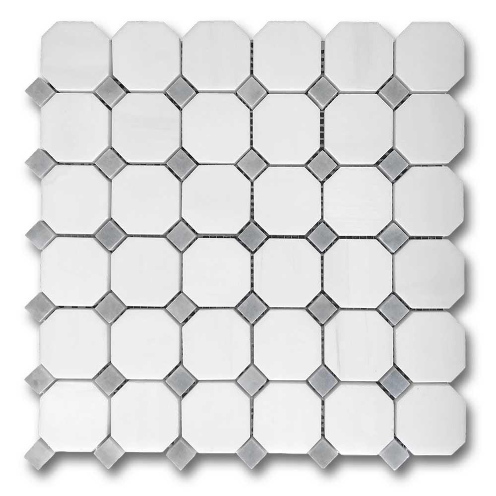 Bianco Dolomite Polished Octagon Mosaic Tile w/ Blue-Gray Dots Bianco Dolomite Polished Octagon Mosaic Tile w/ Blue-Gray Dots - American Tile Depot