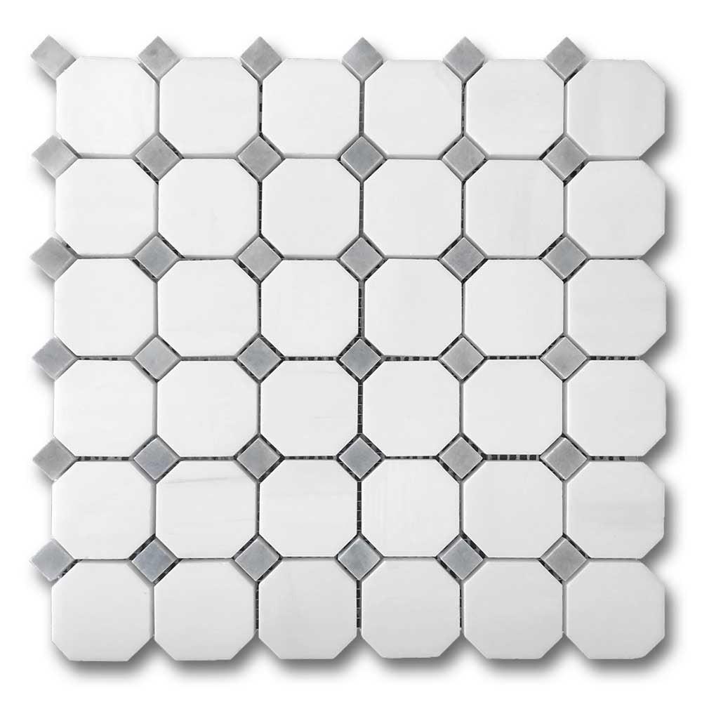 Bianco Dolomite Polished Octagon Mosaic Tile w/ Blue-Gray Dots Bianco Dolomite Polished Octagon Mosaic Tile w/ Blue-Gray Dots - American Tile Depot