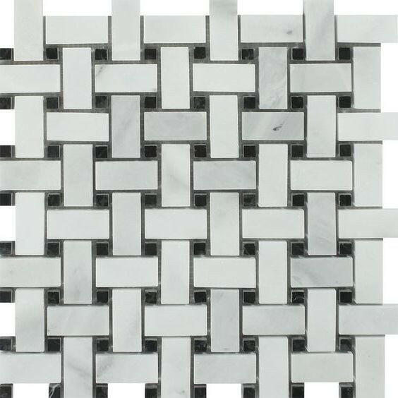 Bianco Venatino Marble Polished Basketweave Mosaic Tile w/ Black Dots Bianco Venatino Marble Polished Basketweave Mosaic Tile w/ Black Dots - American Tile Depot