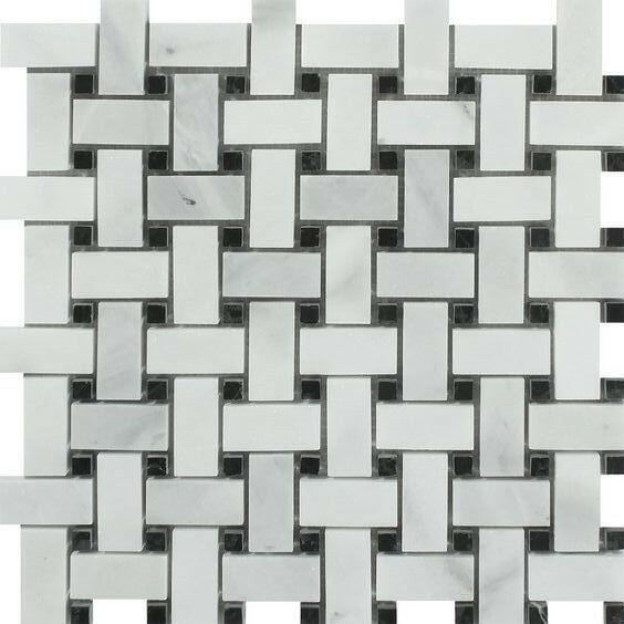 Bianco Venatino Marble Polished Basketweave Mosaic Tile w/ Black Dots Bianco Venatino Marble Polished Basketweave Mosaic Tile w/ Black Dots - American Tile Depot