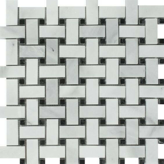 Bianco Venatino Marble Polished Basketweave Mosaic Tile w/ Black Dots Bianco Venatino Marble Polished Basketweave Mosaic Tile w/ Black Dots - American Tile Depot