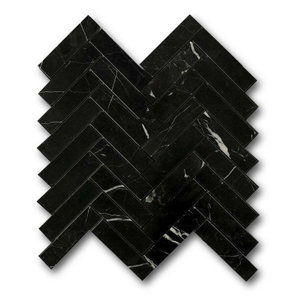 Black Marquina Marble Honed 1x4 Herringbone Mosaic Tile