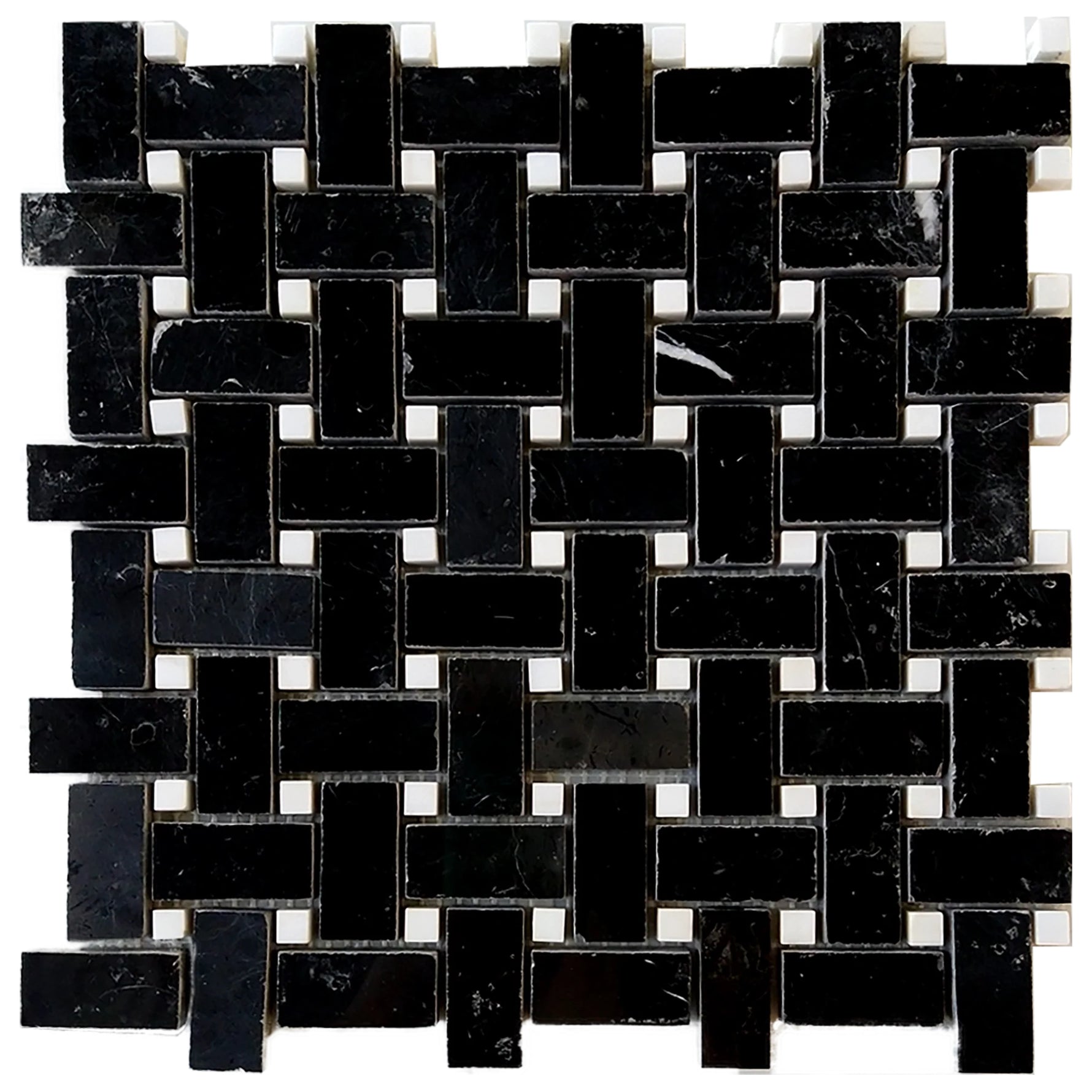 Black Marquina Marble Honed Basketweave Mosaic Tile w/ White Dots Black Marquina Marble Honed Basketweave Mosaic Tile w/ White Dots - American Tile Depot