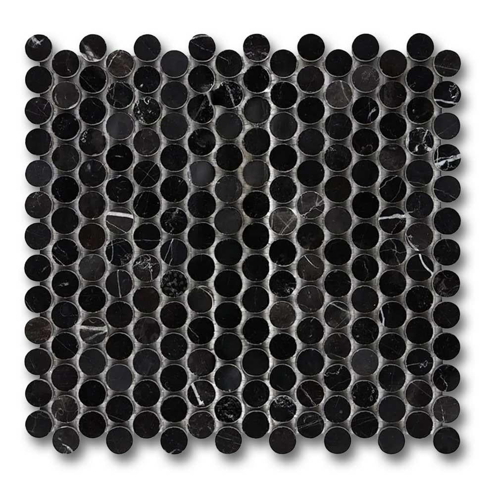 Black Marquina Marble Honed Penny Round Mosaic Tile Black Marquina Marble Honed Penny Round Mosaic Tile - American Tile Depot