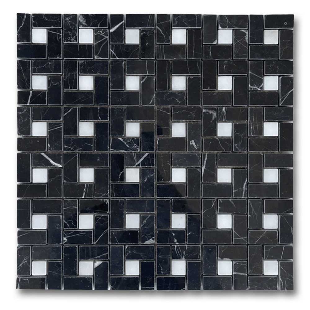 Black Marquina Marble Honed Pinwheel Mosaic Tile w/ White Dots