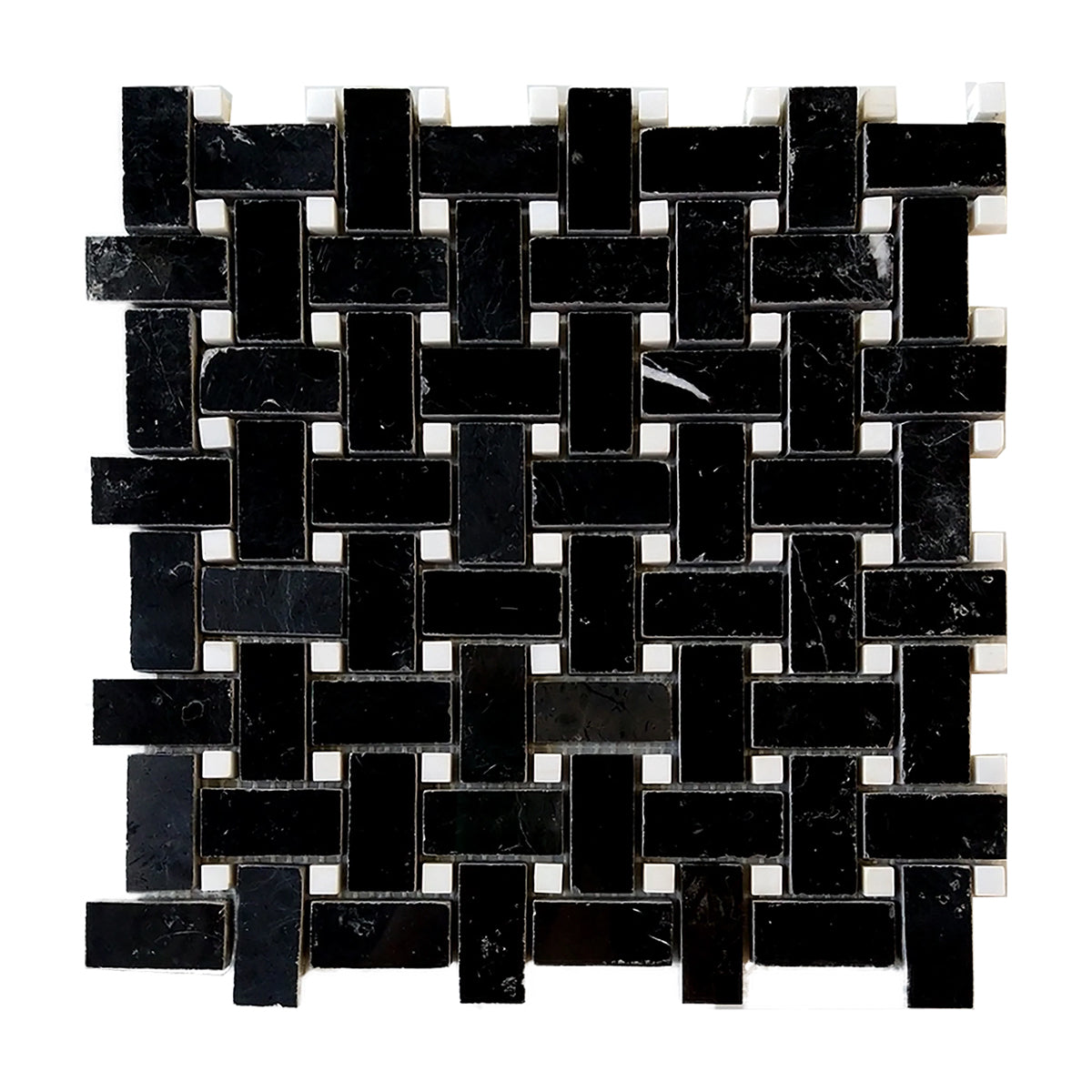 Black Marquina Marble Polished Basketweave Mosaic Tile w/ White Dots