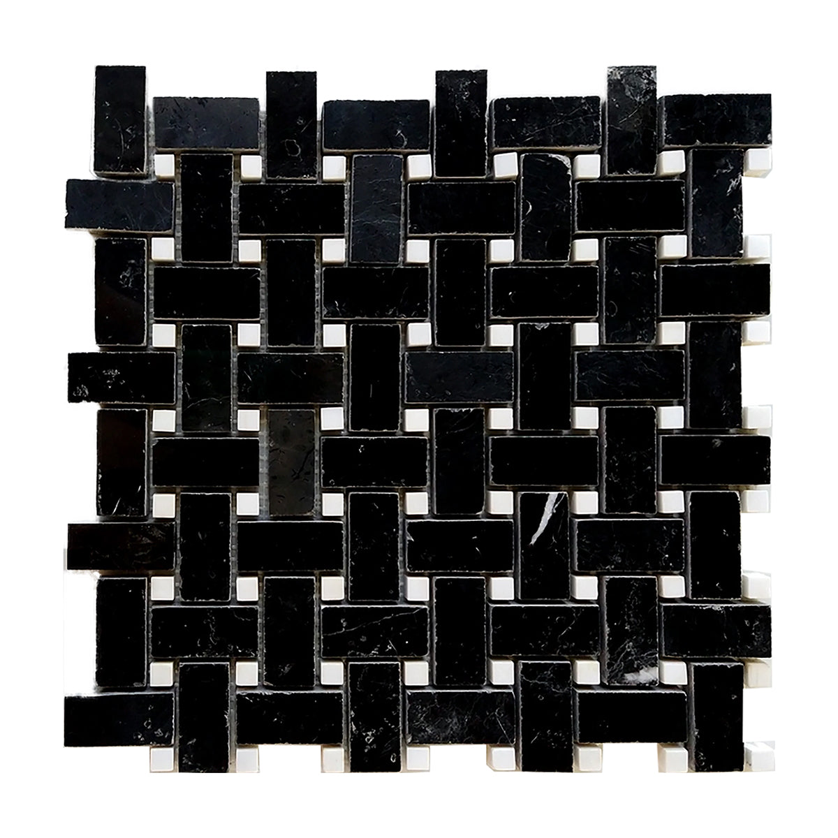 Black Marquina Marble Polished Basketweave Mosaic Tile w/ White Dots - American Tile Depot