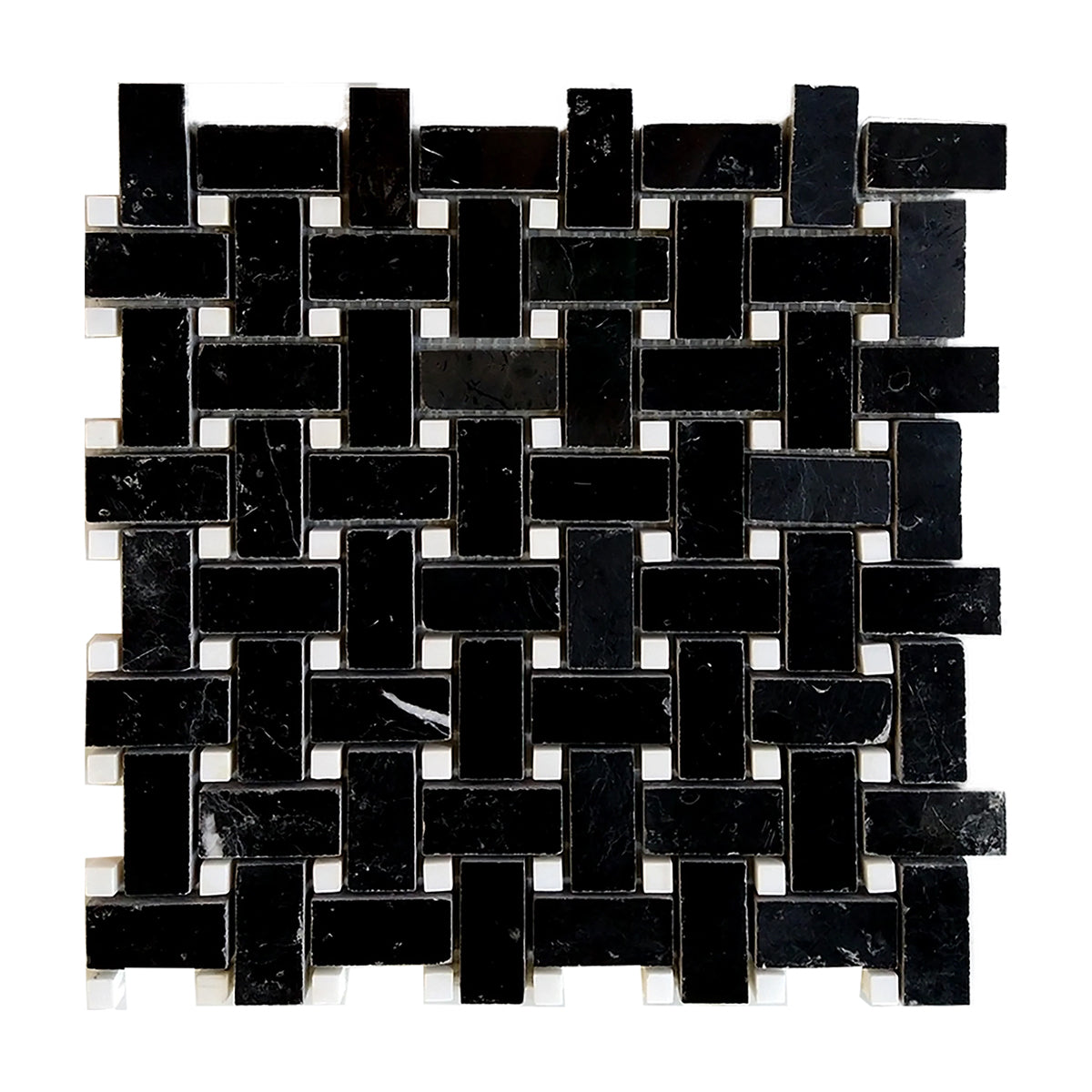 Black Marquina Marble Polished Basketweave Mosaic Tile w/ White Dots - American Tile Depot