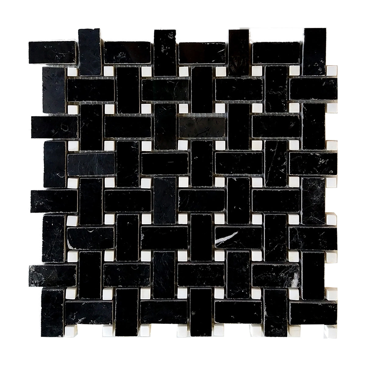 Black Marquina Marble Polished Basketweave Mosaic Tile w/ White Dots - American Tile Depot