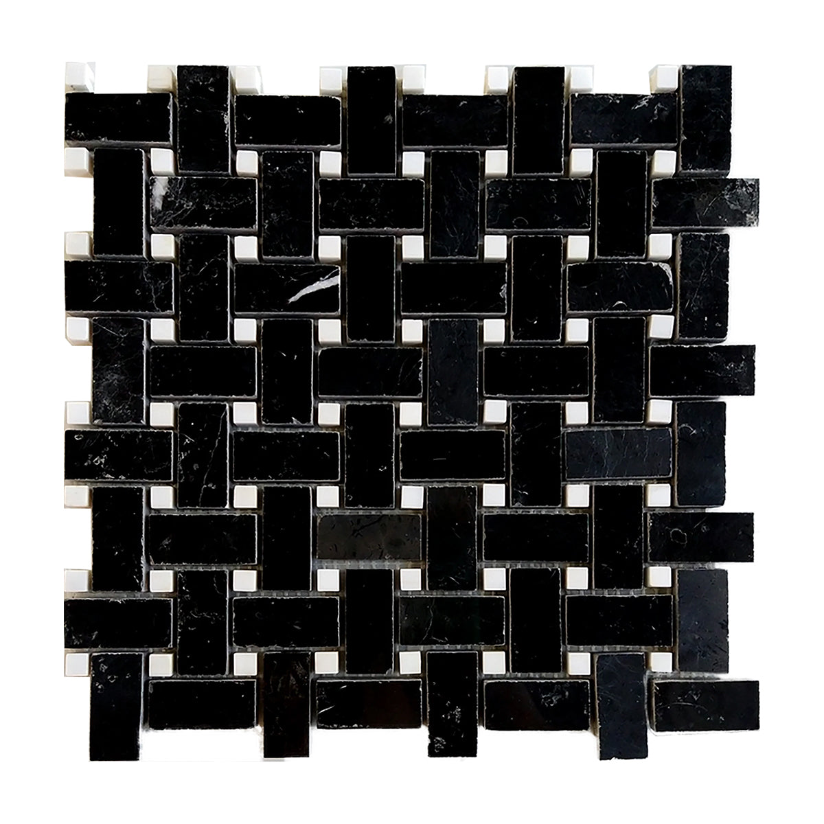 Black Marquina Marble Polished Basketweave Mosaic Tile w/ White Dots - American Tile Depot