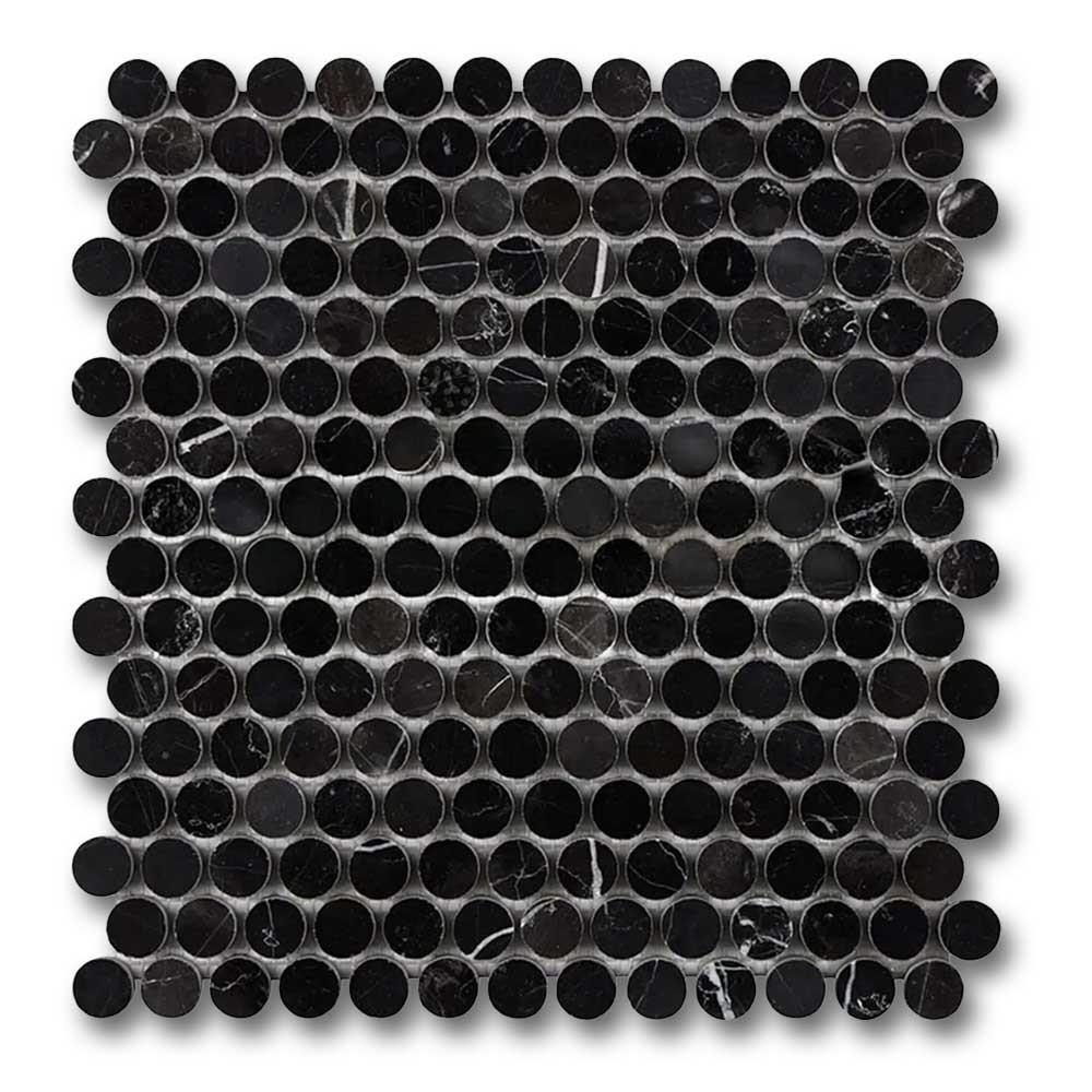 Black Marquina Marble Polished Penny Round Mosaic Tile Black Marquina Marble Polished Penny Round Mosaic Tile - American Tile Depot