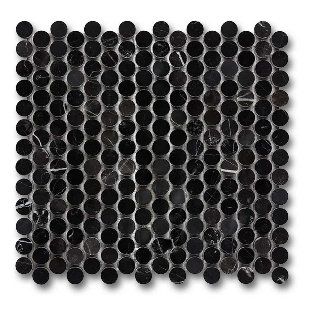 Black Marquina Marble Polished Penny Round Mosaic Tile Black Marquina Marble Polished Penny Round Mosaic Tile - American Tile Depot