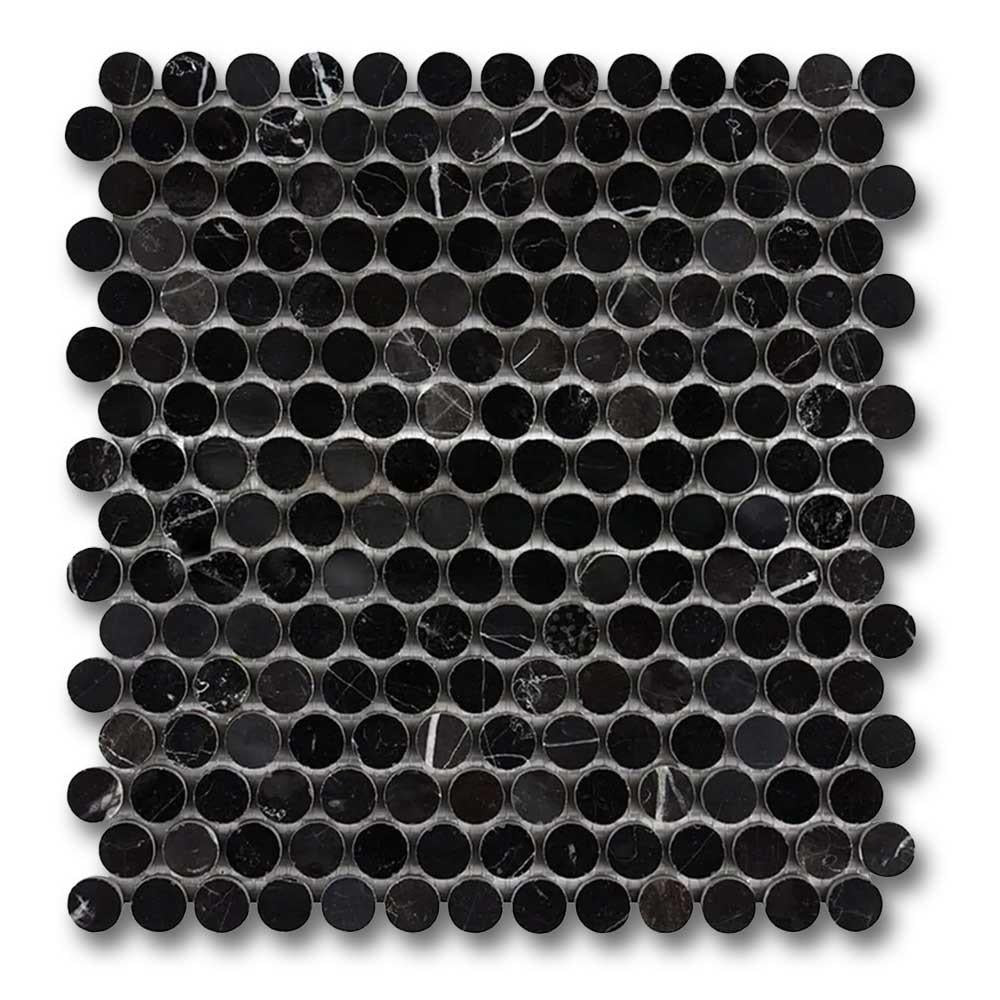 Black Marquina Marble Polished Penny Round Mosaic Tile Black Marquina Marble Polished Penny Round Mosaic Tile - American Tile Depot