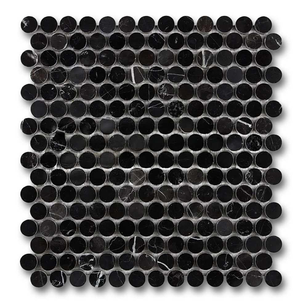Black Marquina Marble Polished Penny Round Mosaic Tile Black Marquina Marble Polished Penny Round Mosaic Tile - American Tile Depot