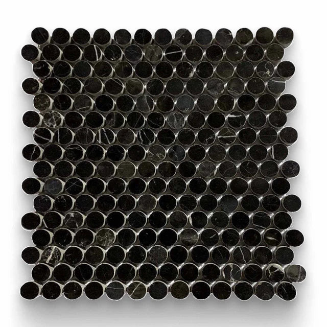 Black Marquina Marble Polished Penny Round Mosaic Tile Black Marquina Marble Polished Penny Round Mosaic Tile - American Tile Depot