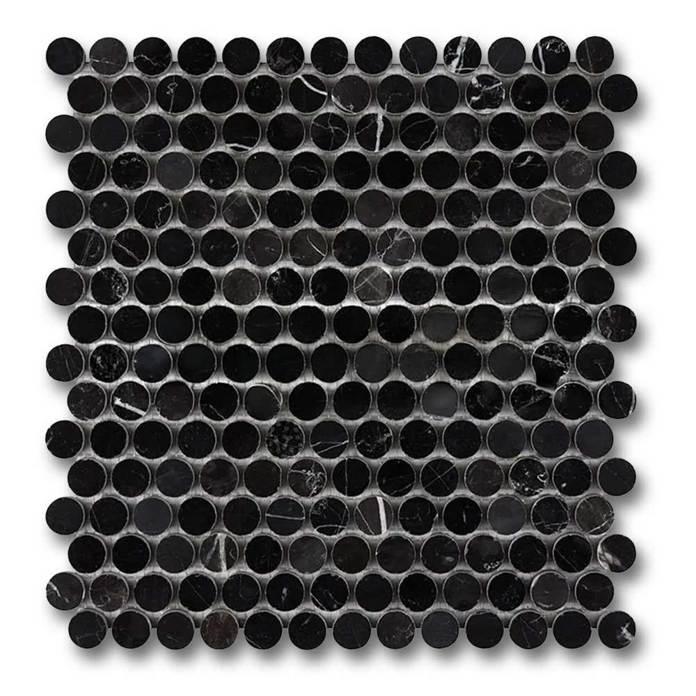 Black Marquina Marble Polished Penny Round Mosaic Tile Black Marquina Marble Polished Penny Round Mosaic Tile - American Tile Depot
