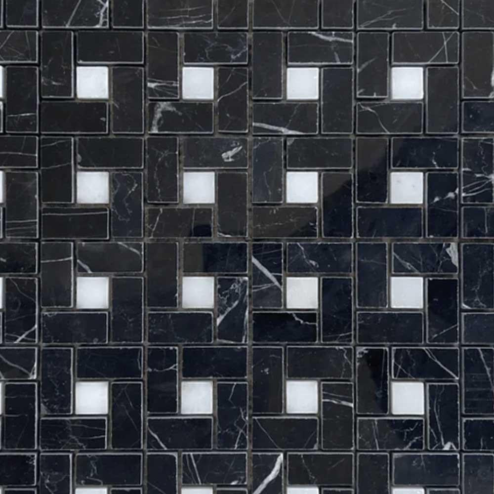 Black Marquina Marble Polished Pinwheel Mosaic Tile w/ White Dots Black Marquina Marble Polished Pinwheel Mosaic Tile w/ White Dots - American Tile Depot