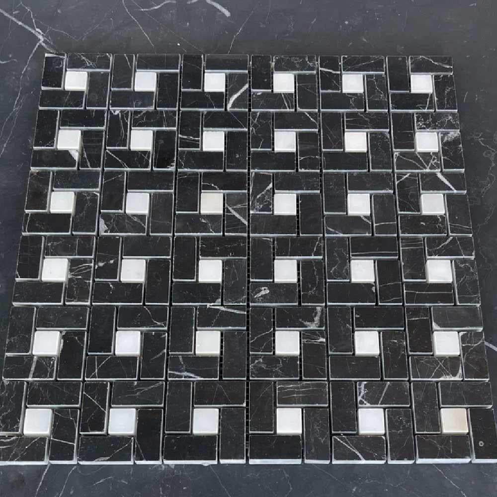 Black Marquina Marble Polished Pinwheel Mosaic Tile w/ White Dots Black Marquina Marble Polished Pinwheel Mosaic Tile w/ White Dots - American Tile Depot