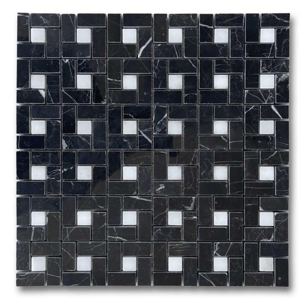 Black Marquina Marble Polished Pinwheel Mosaic Tile w/ White Dots Black Marquina Marble Polished Pinwheel Mosaic Tile w/ White Dots - American Tile Depot