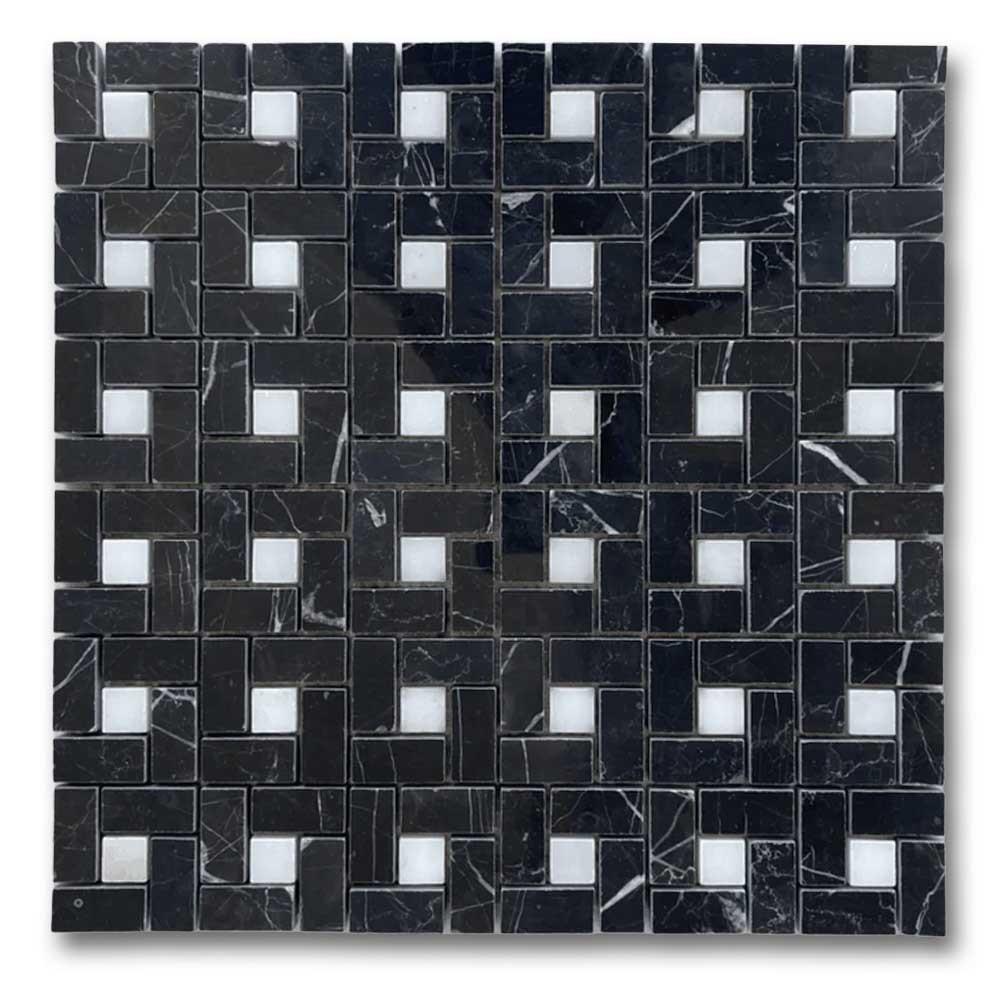 Black Marquina Marble Polished Pinwheel Mosaic Tile w/ White Dots Black Marquina Marble Polished Pinwheel Mosaic Tile w/ White Dots - American Tile Depot