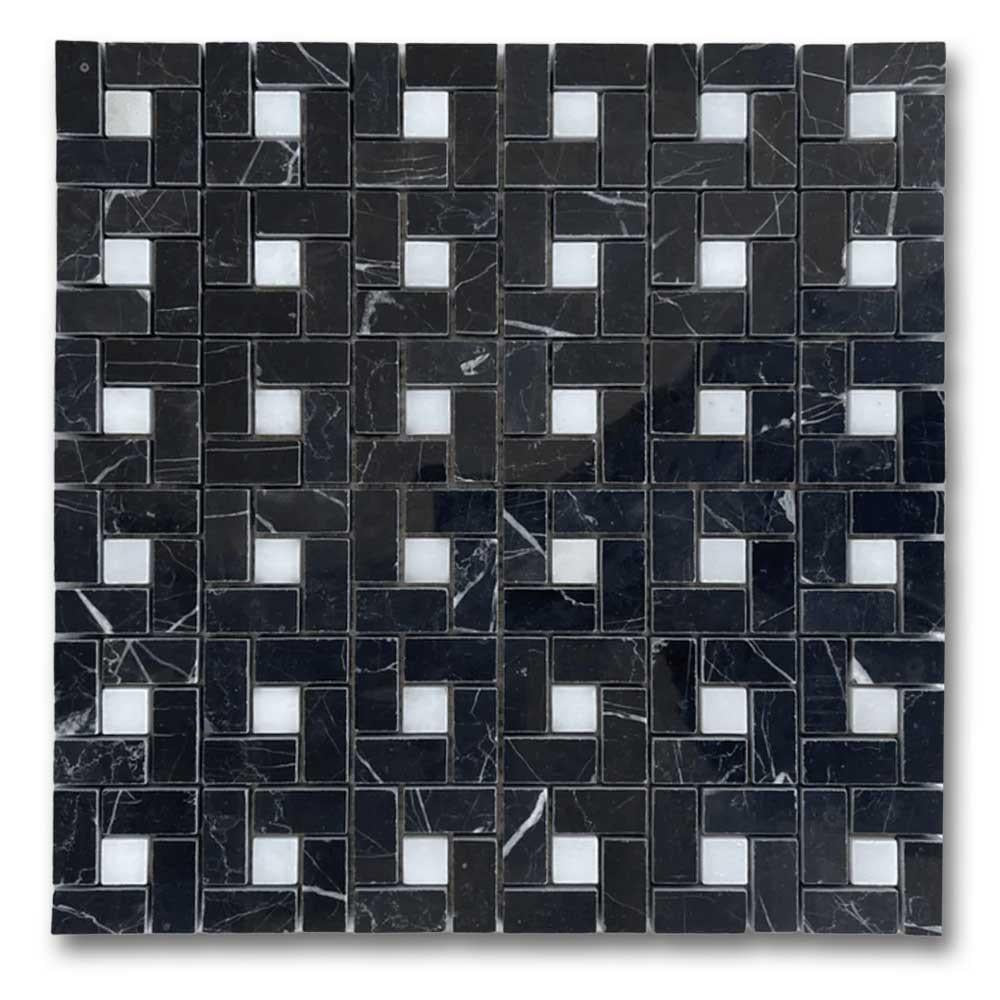 Black Marquina Marble Polished Pinwheel Mosaic Tile w/ White Dots Black Marquina Marble Polished Pinwheel Mosaic Tile w/ White Dots - American Tile Depot
