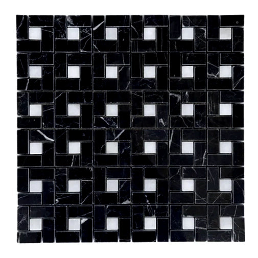 Black Marquina Marble Polished Pinwheel Mosaic Tile w/ White Dots Black Marquina Marble Polished Pinwheel Mosaic Tile w/ White Dots - American Tile Depot