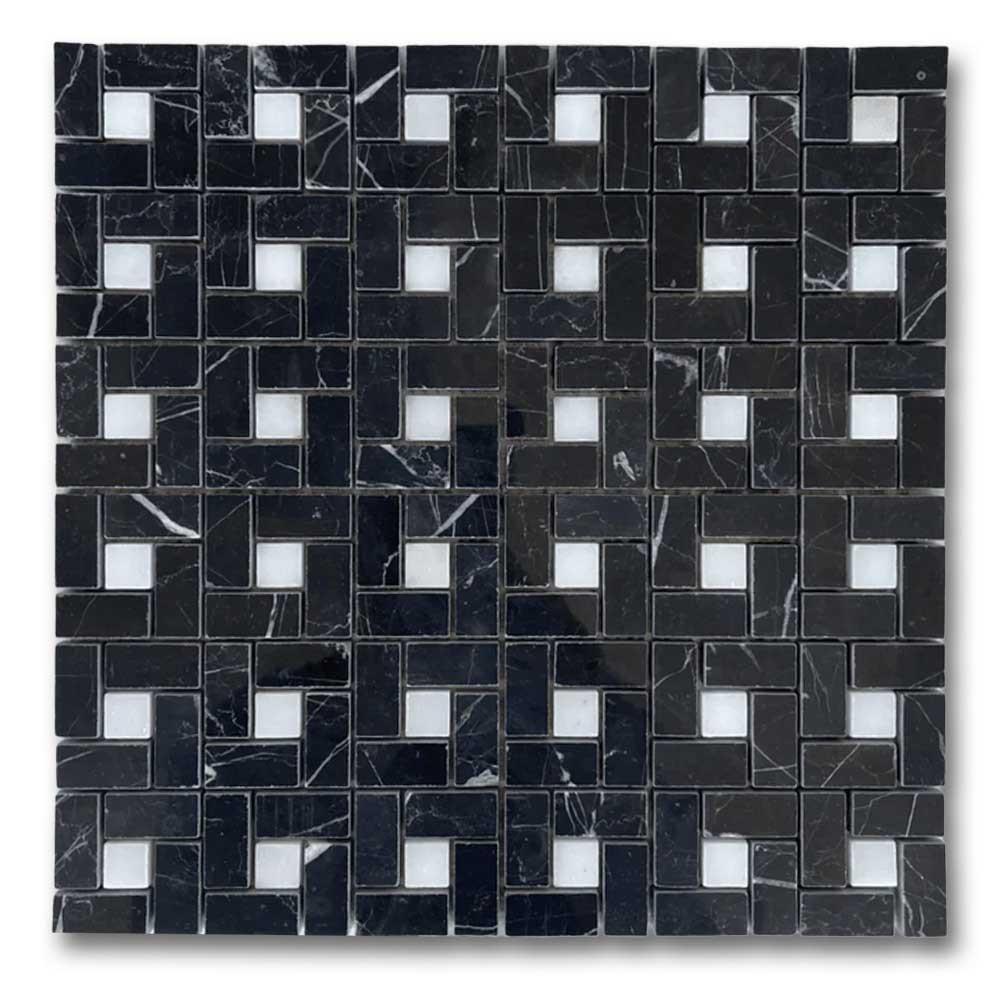 Black Marquina Marble Polished Pinwheel Mosaic Tile w/ White Dots Black Marquina Marble Polished Pinwheel Mosaic Tile w/ White Dots - American Tile Depot