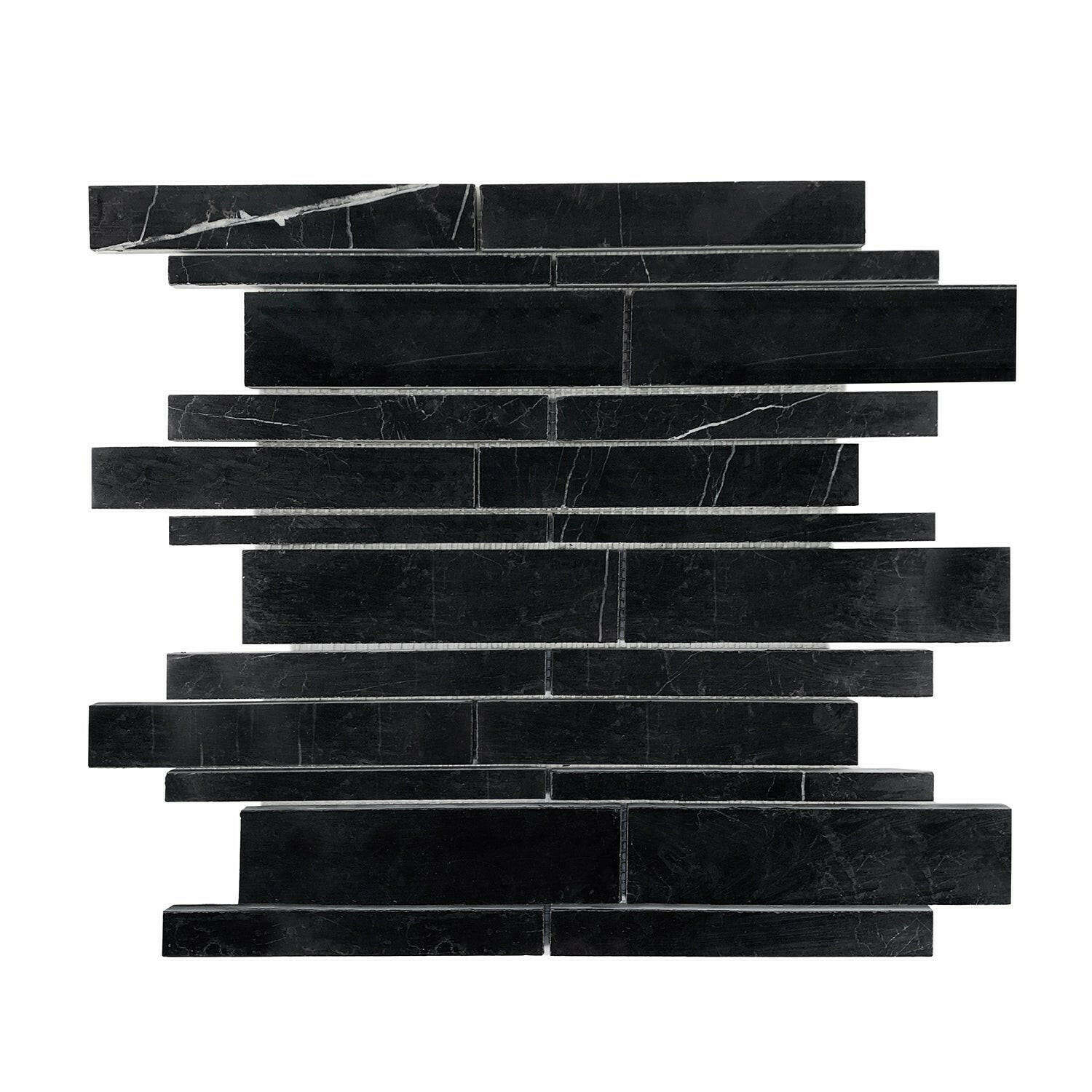 Black Marquina Marble Polished Random Strip Mosaic Tile Black Marquina Marble Polished Random Strip Mosaic Tile - American Tile Depot