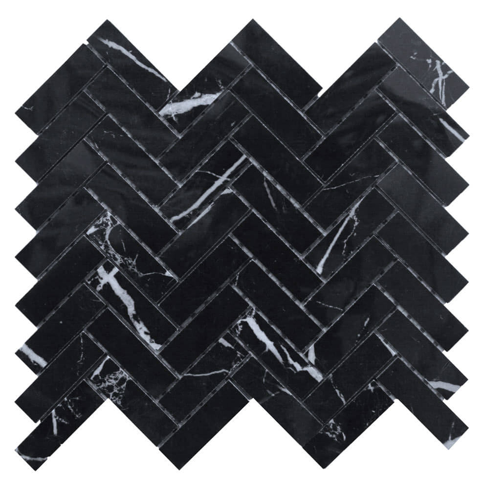 1x3 Black Marquina Marble Honed Herringbone Mosaic Tile
