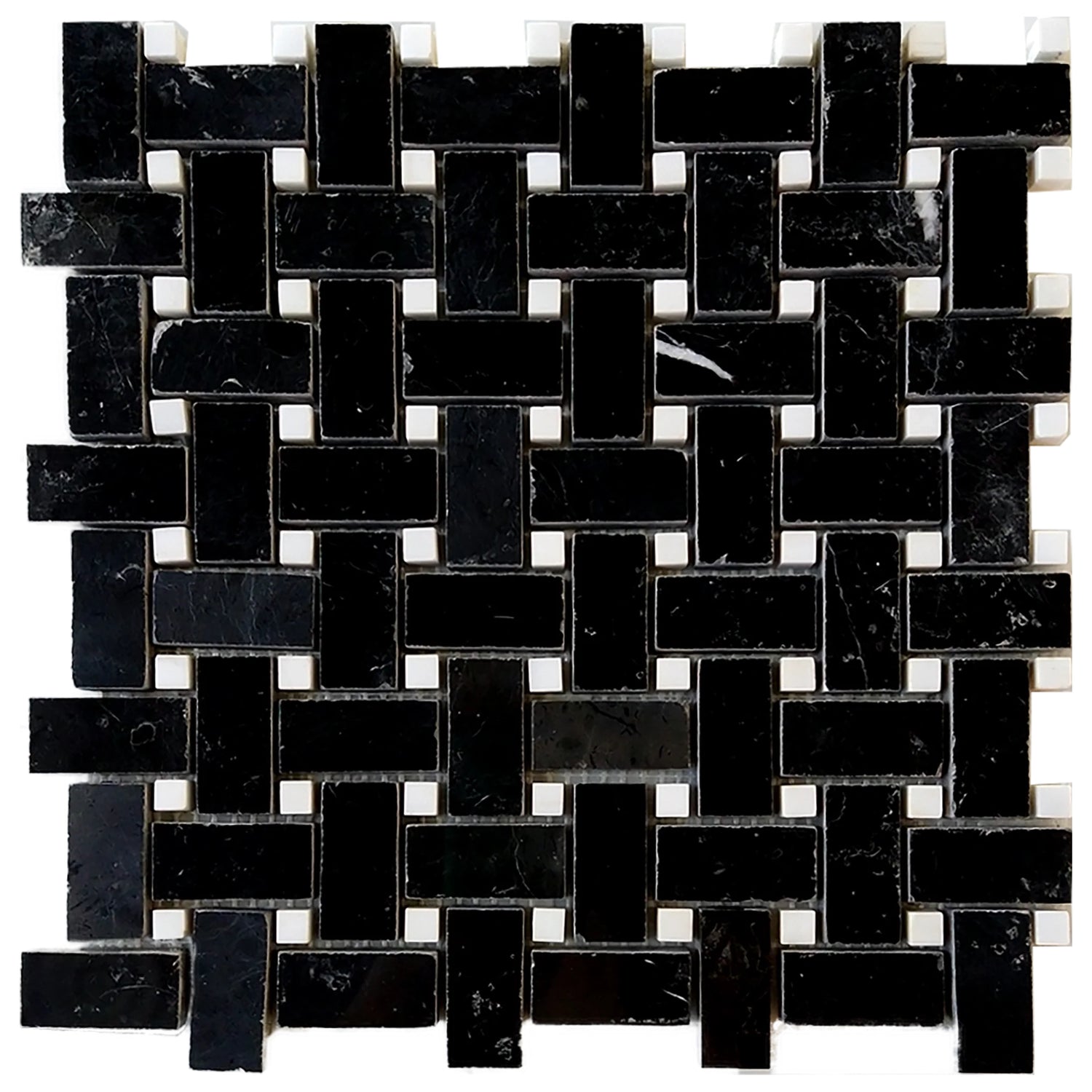 Black Marquina Marble Honed Basketweave Mosaic Tile w/ White Dots